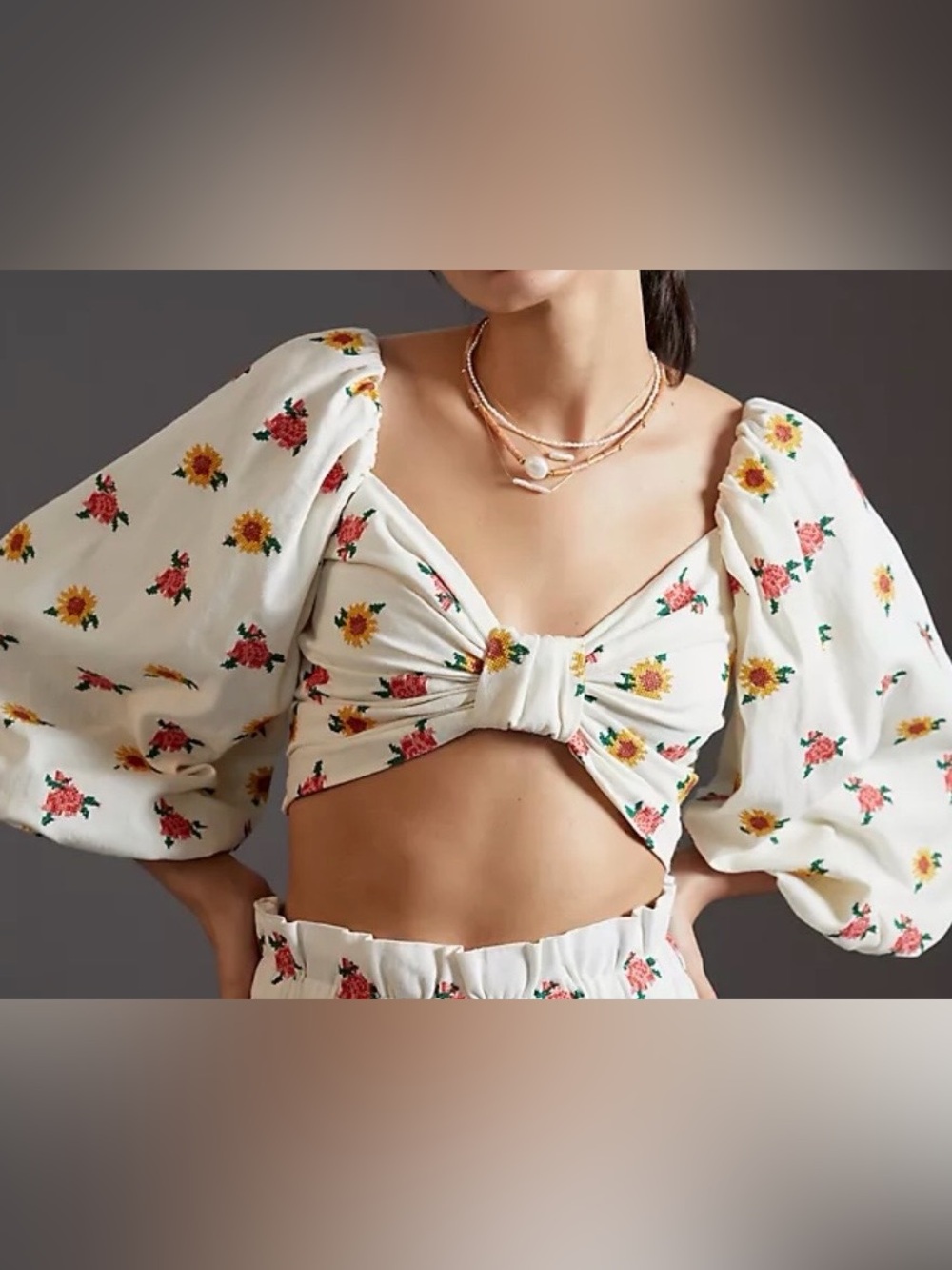Farm Rio Top L | White Embroidered Floral Puff Sleeve Cropped Cotton